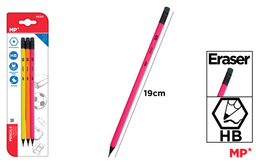 Picture of Pencil (Set of 3) Neon Color HB with Eraser MP
