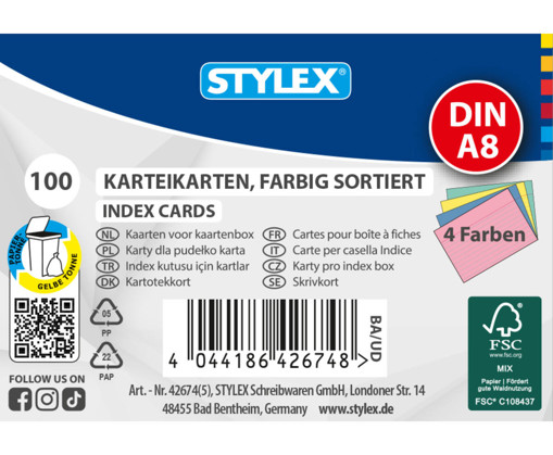 Picture of Record Cards A8 4clrs 100sh Stylex
